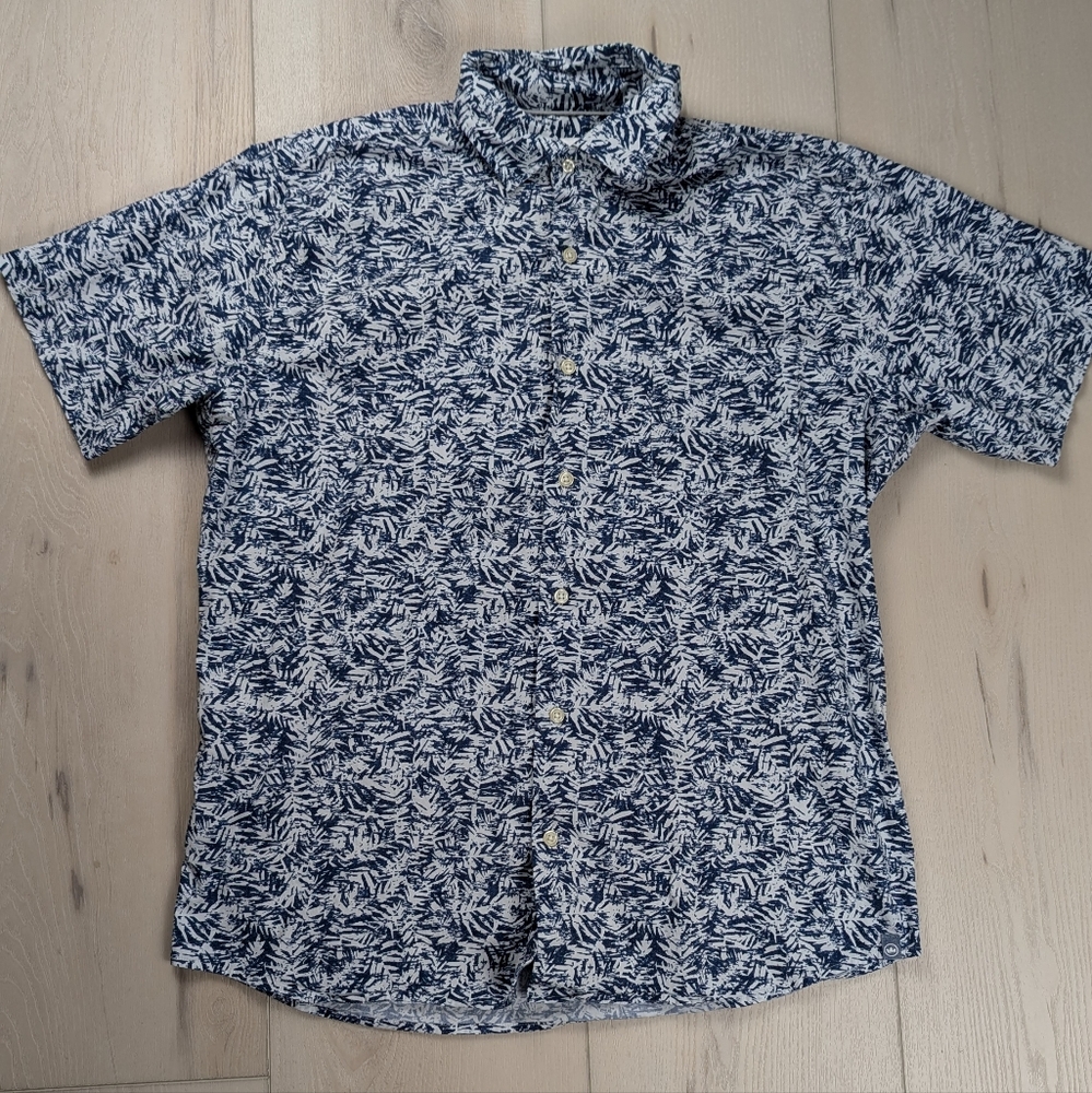 Peter Millar Shirt Mens M Seaside Palm‎ Print Short Sleeve Hawaiian Blue White